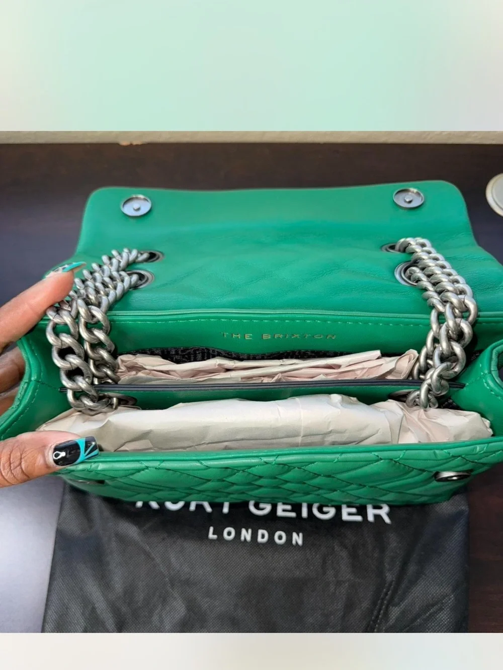 Kurt Geiger Brixton Green Quilted Leather Shoulder Bag Gun Medal Hardware